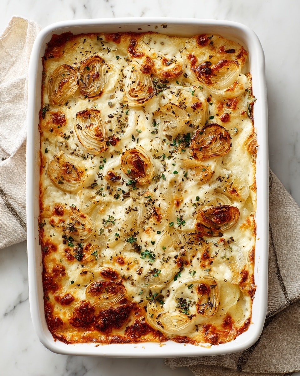 The image shows a baked dish with one visible layer, inside a white square baking dish. The top layer is golden-brown with some crispy edges, dotted with light caramelized onion slices that have a slightly darkened, toasted appearance. The surface has a creamy, slightly bubbly texture with a few small areas of white cheese, sprinkled evenly with green herbs and black pepper. The baking dish is placed on a white marbled surface with a folded kitchen cloth nearby. Photo taken with an iphone --ar 4:5 --v 7