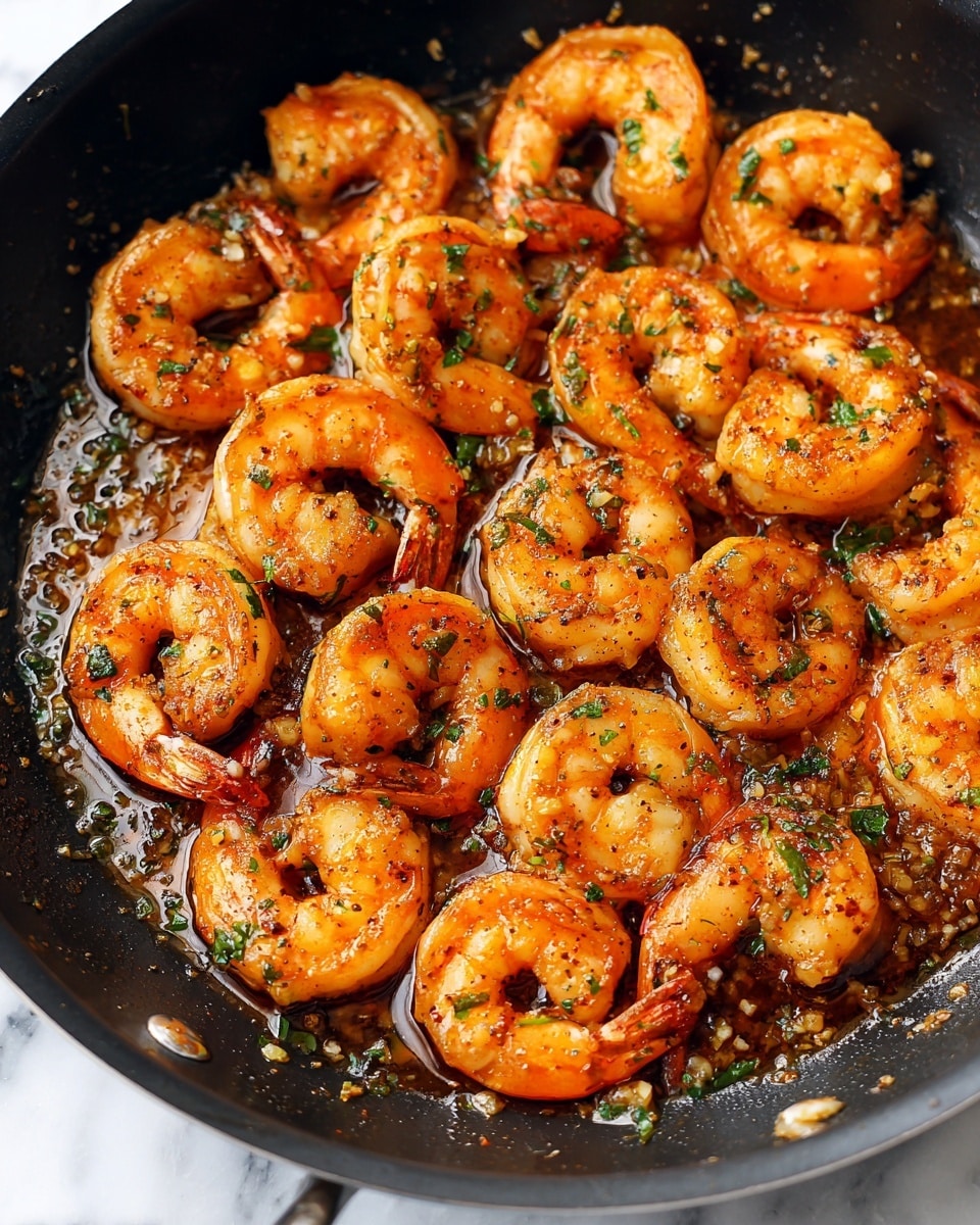 A close-up view of a black pan filled with cooked shrimp arranged in a single layer, each shrimp showing a bright orange color with a slightly translucent texture. The shrimp are garnished with small green chopped herbs and are sitting in a glossy, rich sauce that has a mix of golden-brown and amber tones. The black pan contrasts with the white marbled surface underneath, creating a clean and simple background. The shrimp appear juicy and well-coated, with some browning visible on the edges, giving a fresh and inviting look. Photo taken with an iphone --ar 4:5 --v 7