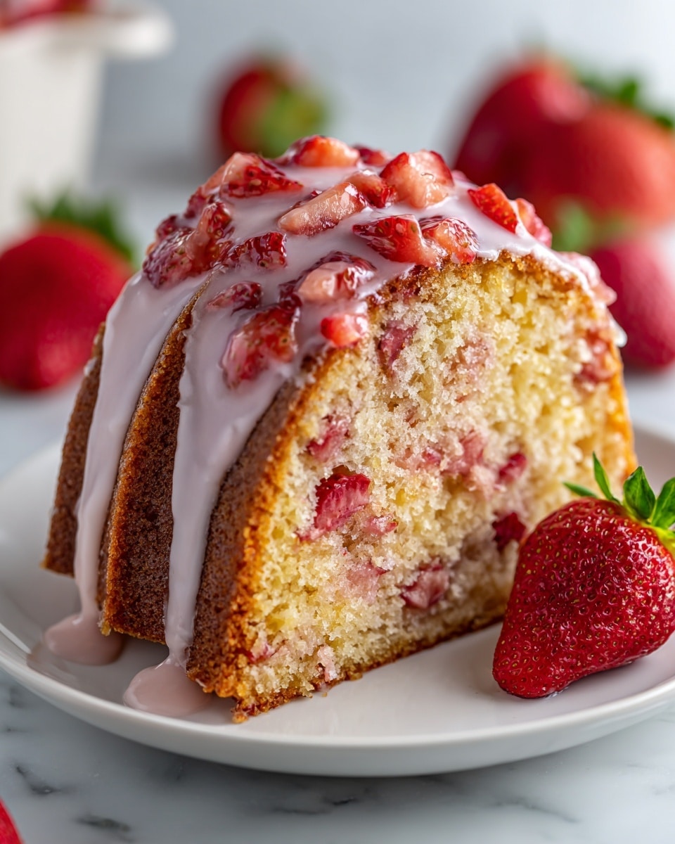 A thick slice of golden brown cake with a moist crumb, filled with small pieces of red strawberries inside. The top layer is covered with shiny, fresh strawberry chunks that glisten and are coated with a smooth, light pink glaze dripping down the sides. The cake rests on a white plate, placed on a white marbled surface, with whole strawberries around the plate’s edge. Photo taken with an iphone --ar 4:5 --v 7