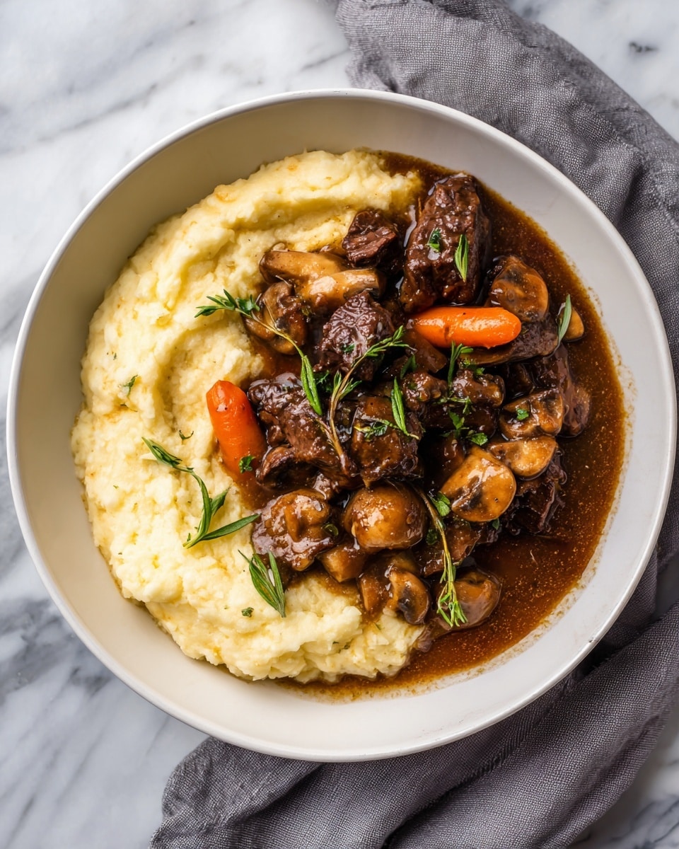 A white speckled bowl holds one main dish with four layers. The bottom layer is a thin layer of dark brown sauce filling the bowl. On top of the sauce is a ring of creamy white mashed potatoes with a soft, slightly lumpy texture. Inside the mashed potatoes and sauce, there are bright orange carrots and two halves of small, golden brown potatoes with some green herbs on top. The final layer is several thick slices of dark brown, juicy meat placed in the center, covered with a sprinkling of fresh bright green chopped herbs. The whole dish sits on a white marbled surface. photo taken with an iphone --ar 4:5 --v 7