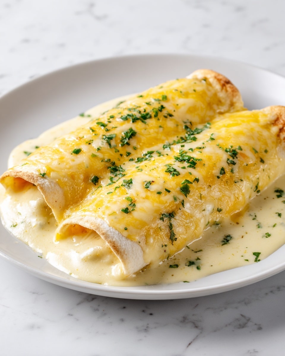 The image shows two baked enchiladas on a white plate, placed on a white marbled surface. Each enchilada is covered with a creamy, light yellow sauce and topped with melted golden cheese. Small green herb pieces are sprinkled on top, adding a fresh touch. The enchiladas are soft and slightly browned at the edges, giving a warm and inviting look. photo taken with an iphone --ar 4:5 --v 7