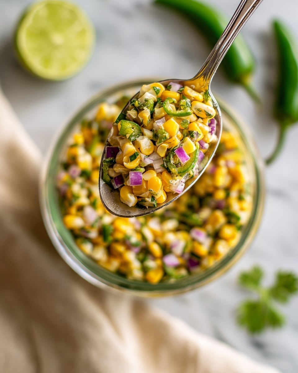 A close-up view of a spoonful of a colorful corn salad held above a clear bowl filled with the same salad. The salad has three main layers mixed together: bright yellow corn kernels, small pieces of purple-red onion, and chopped green jalapeño peppers, all mixed with fresh green herbs. The spoon shows the texture clearly with small chunks and juice glistening. Around the bowl, there is a white cloth on a white marbled surface, and blurred lime halves and green peppers can be seen in the background. photo taken with an iphone --ar 4:5 --v 7