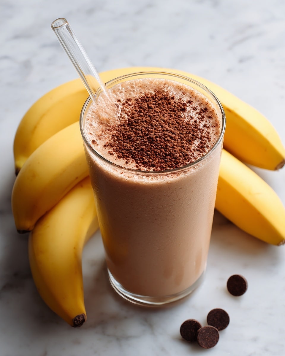 A clear glass filled with a smooth light brown chocolate banana smoothie, topped with a layer of fine cocoa powder sprinkled evenly on the surface, with a transparent straw inserted on the right side; to the left of the glass, a bunch of fresh yellow bananas rests on a white marbled surface, and a single chocolate chip lies near the bottom right corner. photo taken with an iphone --ar 4:5 --v 7
