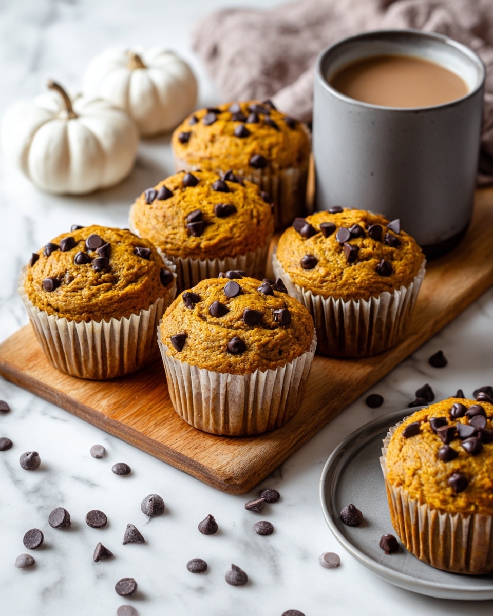Several golden-brown muffins with large, shiny dark chocolate chips embedded on top are placed on a wooden board and a white plate with slightly baked paper liners partly peeled away on one muffin. The muffins have a slightly rough texture with visible chocolate chip melting spots. Around the board, there are scattered dark chocolate chips and white mini pumpkins on a white marbled surface. On the right side, a beige ceramic cup filled with coffee with a light brown color sits on the same white marbled surface. A beige cloth napkin is partially visible on the bottom right corner. photo taken with an iphone --ar 4:5 --v 7