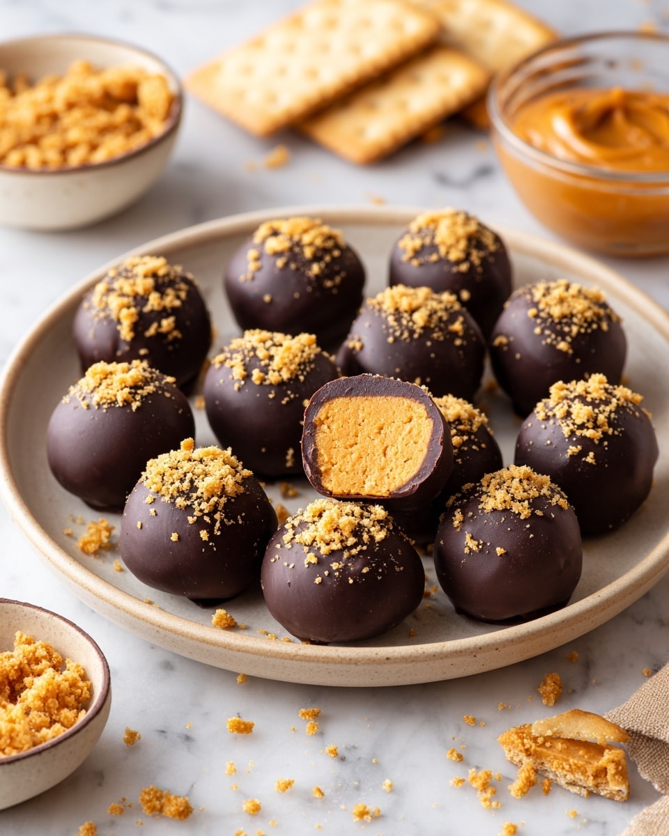 A white speckled round plate holds 18 small, round chocolate-covered balls arranged closely together, with one ball broken open to show an orange textured filling inside. Each ball is coated with smooth dark chocolate and topped with scattered light yellowish crushed crumbs. The plate sits on a white marbled surface, with some crumbs sprinkled around. To the left, there is a small white bowl filled with more crushed crumbs, and on the right, a glimpse of some square crispy crackers in a stack and a glass bowl of bright orange filling. The lighting is soft and warm, highlighting the smooth chocolate and crumbly textures. photo taken with an iphone --ar 4:5 --v 7