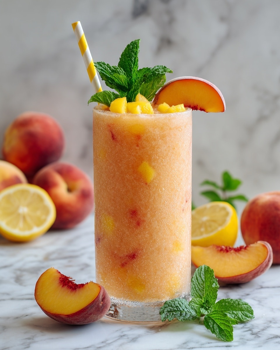 A tall clear glass filled with a peach-colored frozen drink that has a slushy texture, with small cubes of yellow and red fruit mixed throughout. Inside the drink, there is a fresh peach slice and a green mint leaf. The drink is topped with more fruit cubes and a peach slice on the rim, along with a sprig of mint and a yellow and white striped straw. The glass is set on a white marbled surface surrounded by peach slices, mint leaves, and lemon halves, creating a fresh and colorful setting. photo taken with an iphone --ar 4:5 --v 7