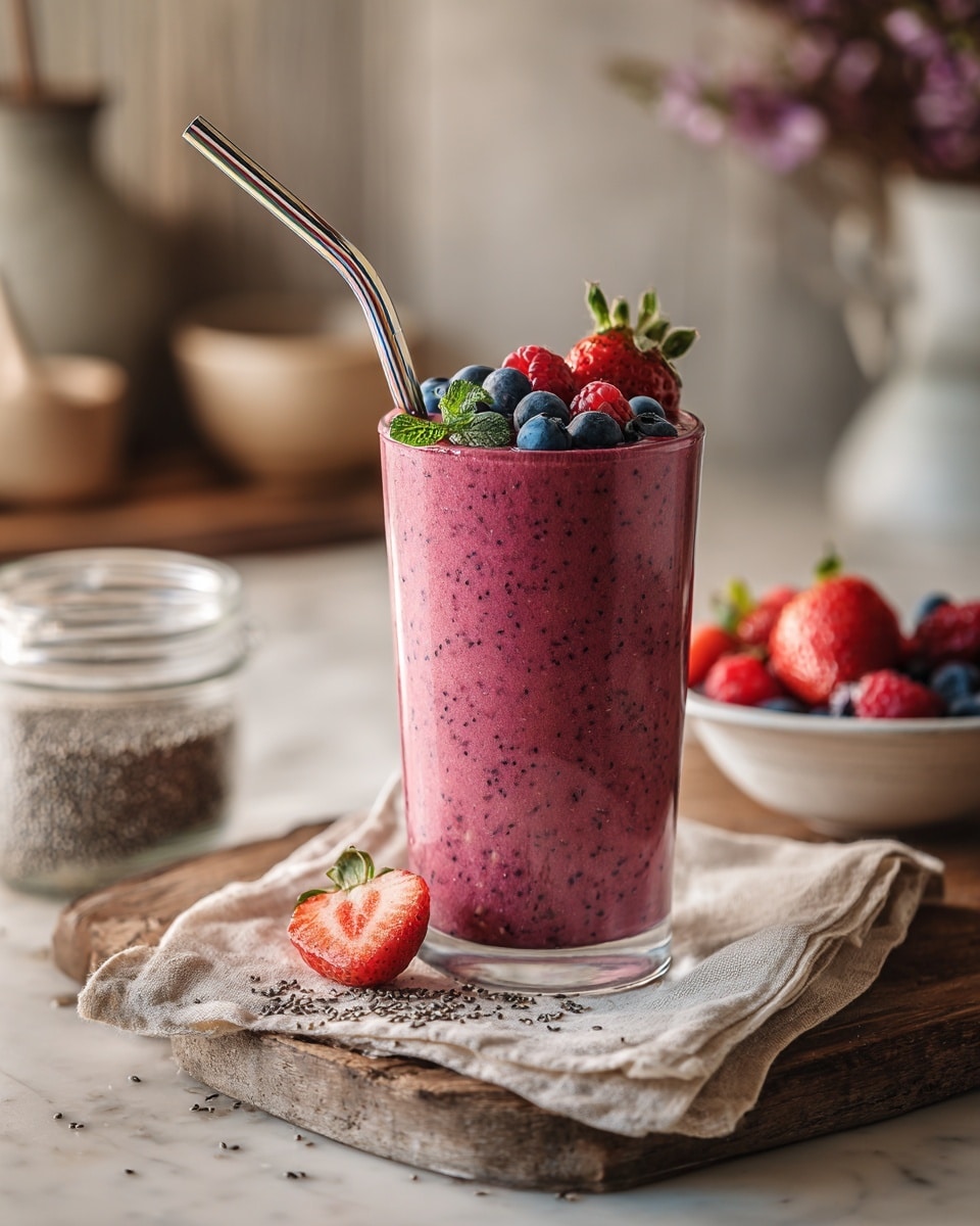A tall clear glass filled to the top with a thick, deep purple smoothie that has visible small black chia seeds evenly mixed throughout. The smoothie is garnished on top with a half-cut red strawberry, several dark blue blueberries, and a small sprig of bright green mint leaves. A metal straw with a multicolor silicone tip leans inside the glass from the back left side. The glass sits on a beige cloth napkin over a rustic wooden board, placed on a white marbled surface. In the background are blurred bowls with mixed berries and a mason jar with chia seeds. photo taken with an iphone --ar 4:5 --v 7