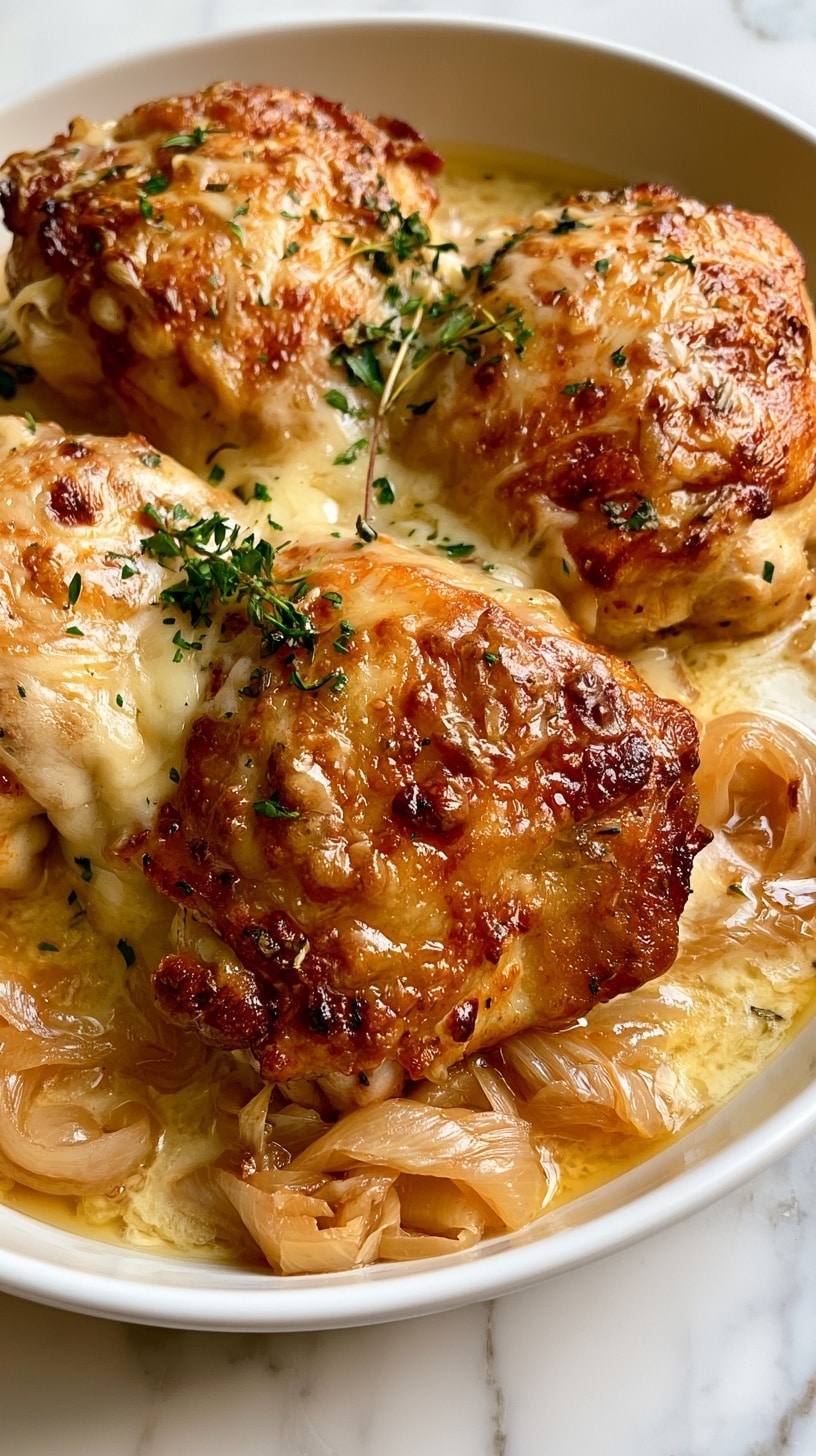 The dish shows four browned chicken pieces with melted light yellow cheese on top, placed evenly in a round white dish. Below the chicken are soft, translucent cooked onions layered around each piece, soaking in a golden sauce that pools at the bottom. Small green sprigs of fresh thyme garnish the chicken, adding a touch of color contrast. The overall texture is juicy and rich with a slight crisp on the chicken skin, against the soft and glossy onion base, all set on a white marbled surface. photo taken with an iphone --ar 4:5 --v 7