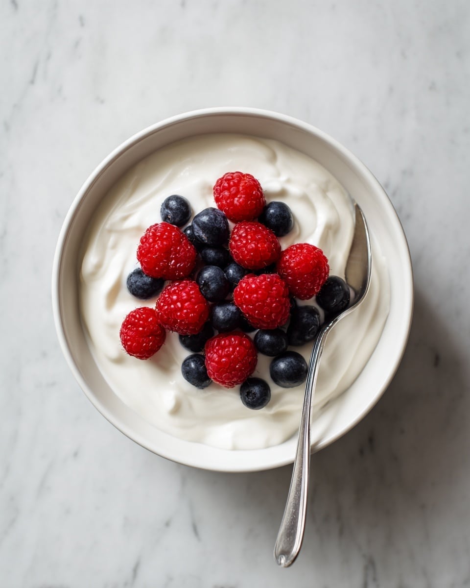 A white bowl filled with a thick, creamy layer of smooth white yogurt. On top of the yogurt, there is a small pile of fresh red raspberries and dark blue blueberries arranged loosely in the center. A metal spoon rests inside the bowl on the right side, slightly submerged in the yogurt. The bowl is placed on a white marbled surface. photo taken with an iphone --ar 4:5 --v 7