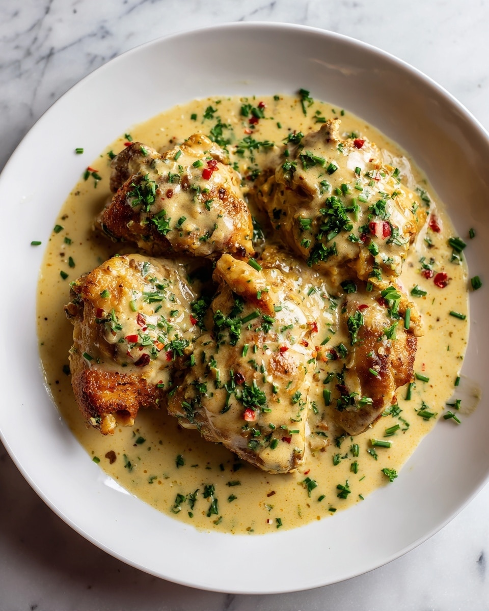 The dish shows many pieces of cooked chicken with a light brown crust on top, sitting in a creamy white sauce dotted with green herbs and small red chili flakes. Fresh chopped parsley and long green chives are spread on and around the chicken, adding a fresh, bright layer of green. The creamy sauce looks thick and rich, covering the white plate partially, while the chicken pieces are placed closely together in the center. The background is a white marbled texture, highlighting the colors of the chicken and sauce clearly. photo taken with an iphone --ar 4:5 --v 7