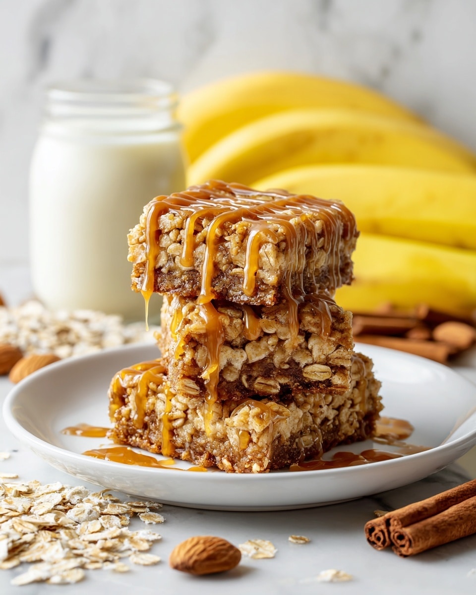 Three square oatmeal bars stacked on a white plate, each bar showing a golden-brown color with visible oats and a slightly crumbly texture. The top bar has shiny caramel sauce drizzled over it in uneven lines. In the background, there are yellow bananas, a jar with light brown milk, and scattered oats on a white marbled surface. The image has warm lighting highlighting the texture of the bars and their caramel drizzle. photo taken with an iphone --ar 4:5 --v 7