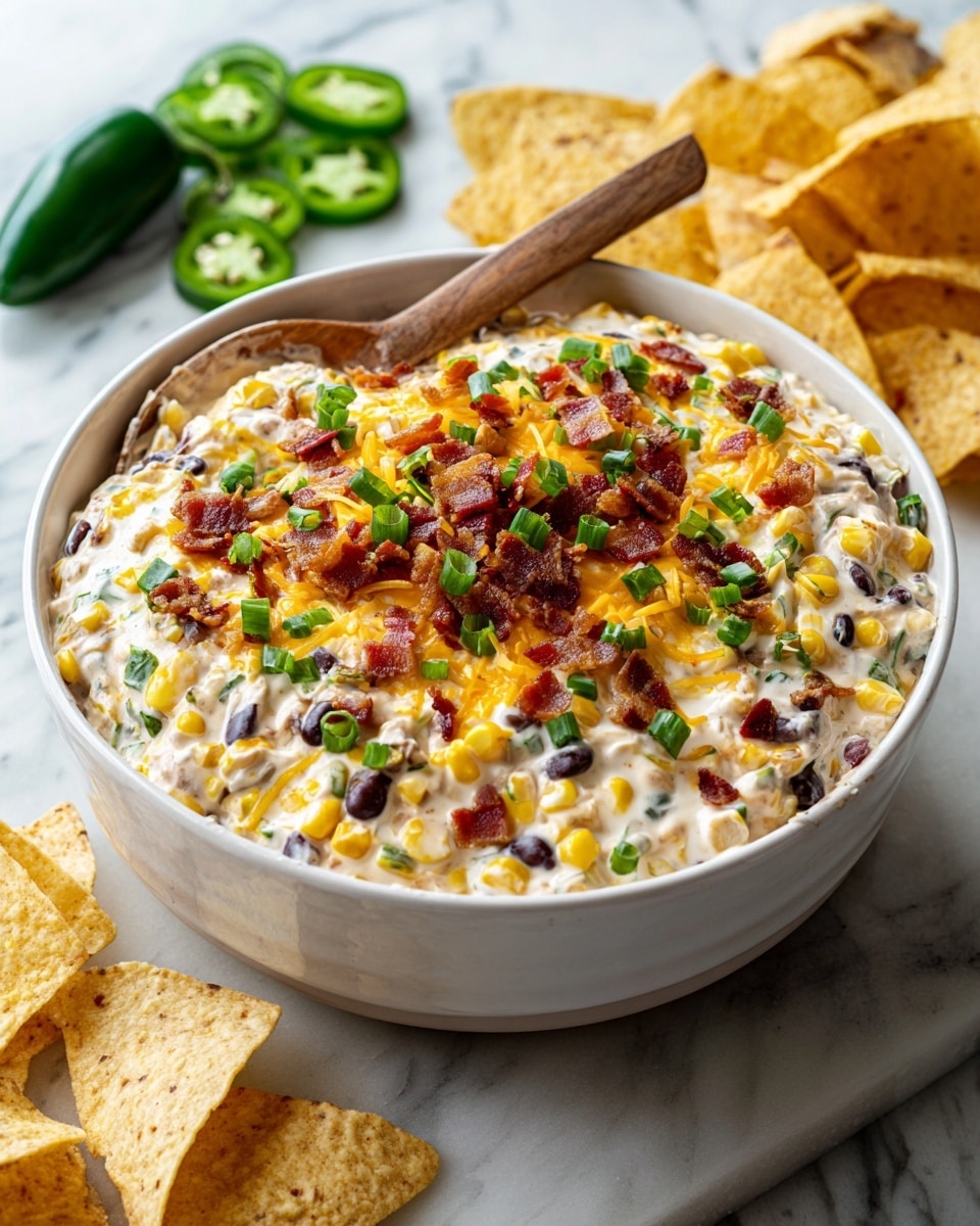 A large white bowl filled with a colorful layered dip with visible layers of creamy white base mixed with yellow corn kernels, black beans, small bits of red onion, and orange shredded cheese. The dip is topped with chopped crispy bacon pieces and fresh green onion slices scattered across the surface. A wooden spoon is partially dipped into the thick mixture on the right side of the bowl. Around the bowl on a white marbled textured surface, there are scattered white tortilla chips and a smaller white bowl with more of the dip. Photo taken with an iphone --ar 4:5 --v 7