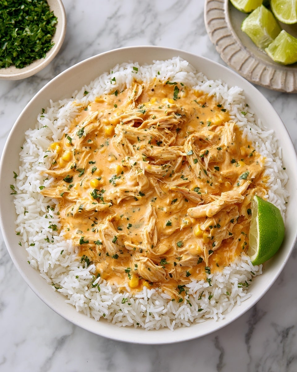 The dish is served in a white bowl filled with two main layers. The bottom layer is white rice, fluffy and evenly spread to cover the base and edges of the bowl. On top, there is a creamy mixture of shredded chicken mixed with a yellow corn and a smooth, orange-colored sauce that looks rich and lightly spiced. Small green herb pieces are sprinkled throughout the sauce for color contrast. A lime wedge rests on the side of the bowl for garnish. The bowl sits on a white marbled surface, with partial views of a small bowl containing chopped green herbs and a plate with lime wedges in the background. photo taken with an iphone --ar 4:5 --v 7