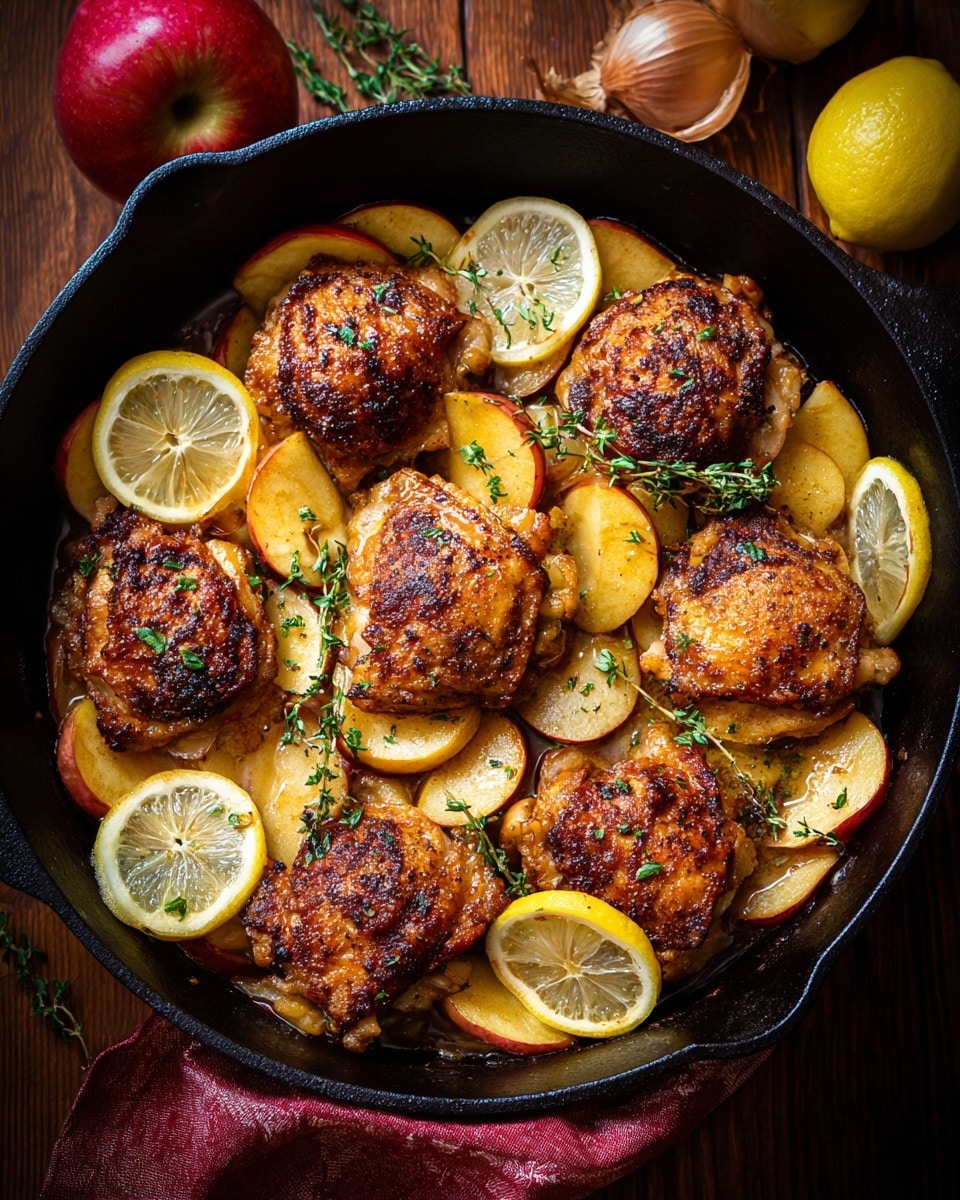 A black cast-iron pan filled with eight golden-brown roasted chicken thighs, each piece showing a crispy, seasoned, and slightly charred skin. Among the chicken, there are many caramelized apple slices that have a shiny, soft texture with red and yellow skins. Bright yellow lemon wedges are placed between the chicken and apple slices, adding contrast. A few sprigs of fresh green thyme are scattered on top, adding a touch of color. The pan sits on a white marbled surface with a red onion, a whole red apple, and apple halves surrounding it. photo taken with an iphone --ar 4:5 --v 7