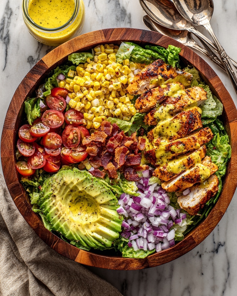 A wooden bowl filled with a vibrant salad arranged in distinct sections: sliced grilled chicken with a golden-brown, slightly charred texture lays on one side, drizzled with grainy mustard dressing; next to it are halves of bright red grape tomatoes sitting atop fresh, dark green spinach leaves; avocado slices with creamy light green color and smooth texture are fanned out beside bright yellow corn kernels; finely chopped red onions add a pop of purple near the chicken, and small pieces of crispy bacon are scattered throughout. The bowl rests on a wooden surface with a white marbled texture visible nearby beside a glass jar of mustard dressing and silver cutlery. photo taken with an iphone --ar 4:5 --v 7