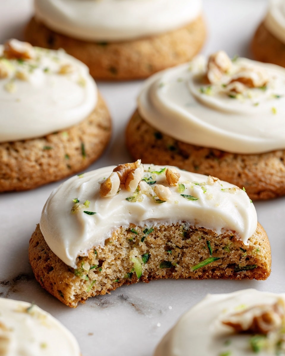 The image shows several soft zucchini cookies topped with a thick layer of creamy white frosting and sprinkled with small chopped walnut pieces. One cookie in the front is broken in half, revealing a moist, light brown inside dotted with green zucchini shreds. The cookies are round with a slightly rough texture, and they sit on a surface with a white marbled texture, creating a clean and fresh look. The background is softly blurred to focus attention on the cookies, giving a cozy and inviting feeling. photo taken with an iphone --ar 4:5 --v 7