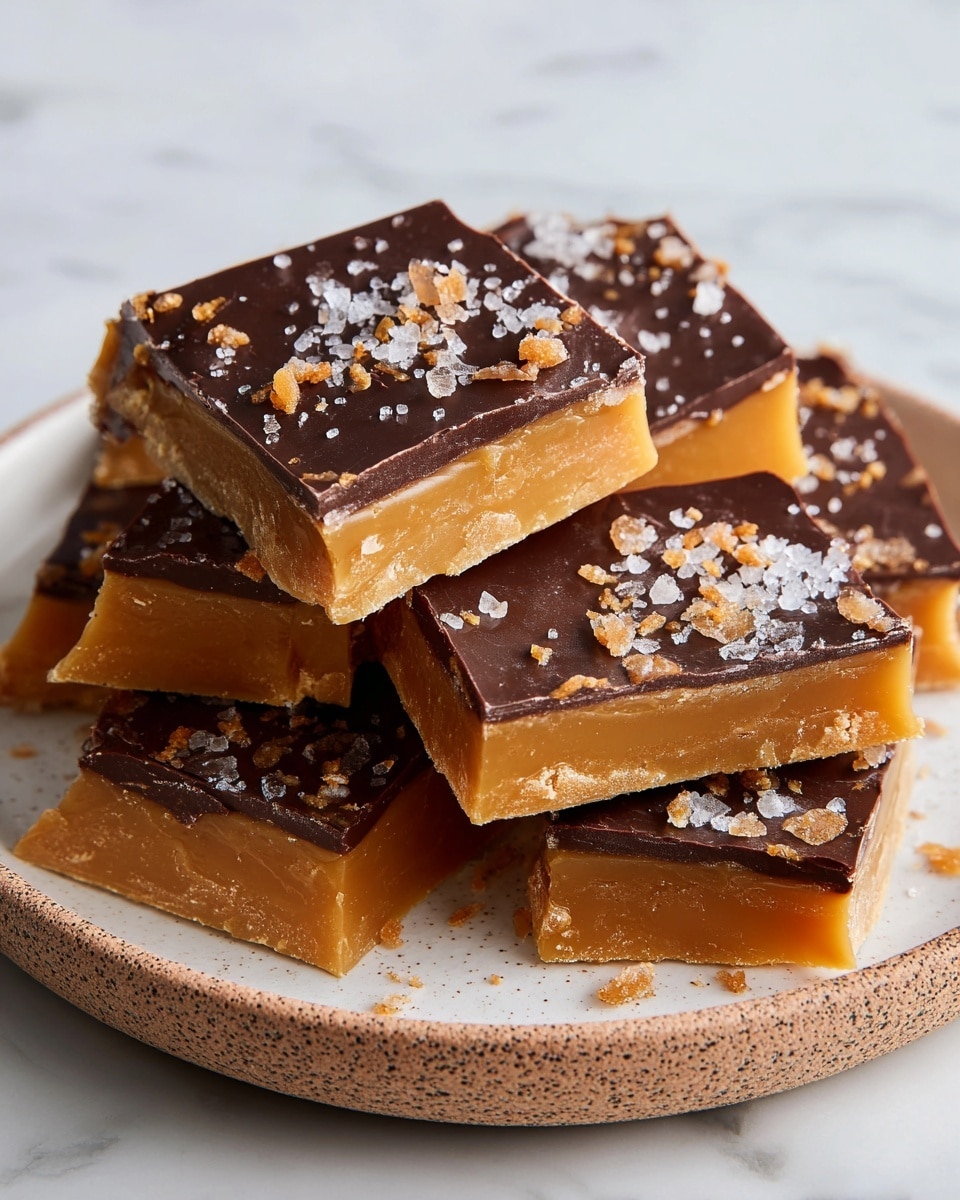 A white plate with a speckled rim holds a small stack of broken chocolate toffee pieces, each piece showing three layers: a thin, crunchy golden caramel layer in the middle, topped and bottomed with smooth, dark chocolate. The top chocolate layer has a slightly wavy texture, sprinkled with coarse sea salt flakes and small bits of toffee crumbs, adding contrast to the deep brown. The pieces are irregular in shape and stacked casually, set against a white marbled surface. photo taken with an iphone --ar 4:5 --v 7