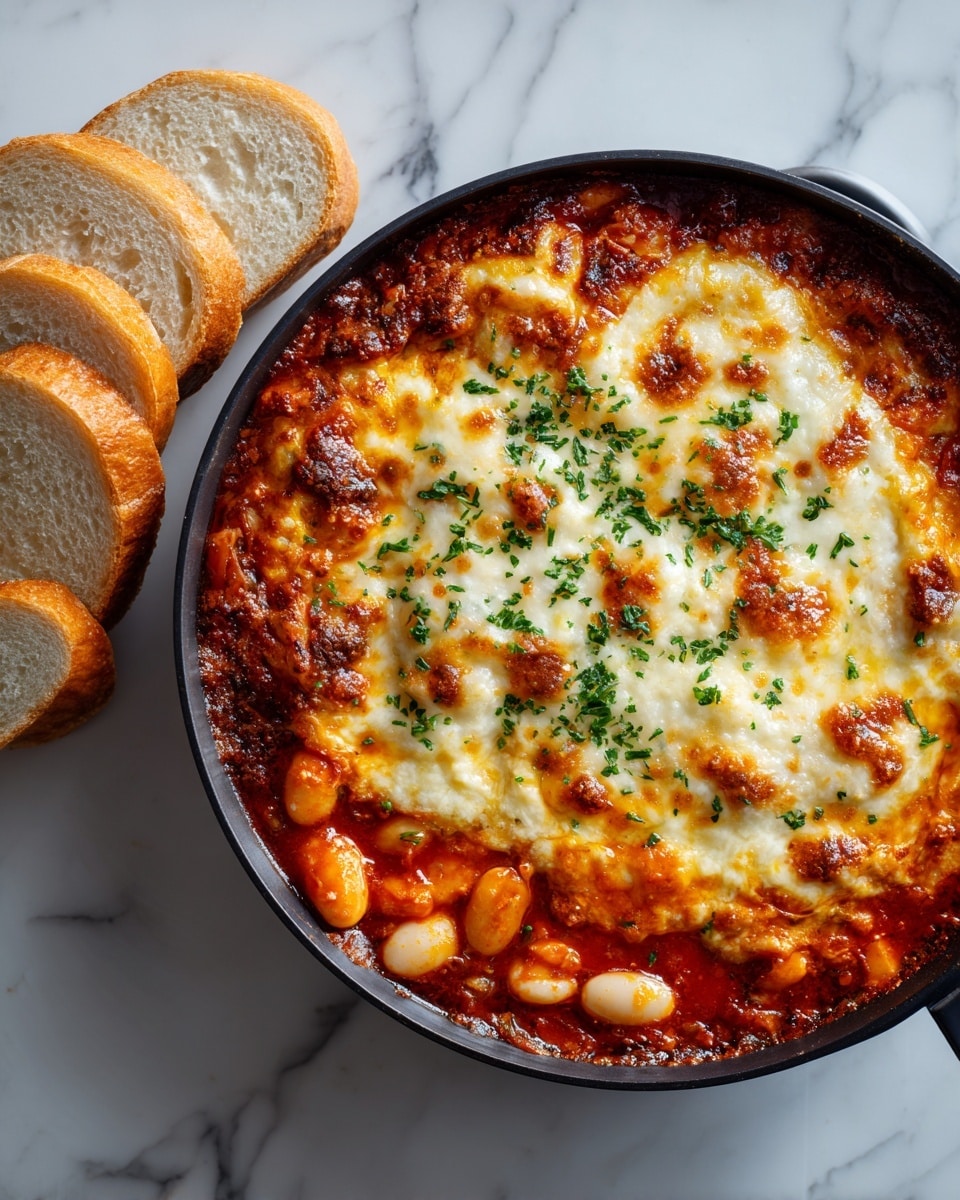 A round black pan filled with a baked dish showing three main layers: at the bottom, a chunky red tomato sauce with visible pieces of diced orange and red vegetables; the middle layer is covered by plump, white cannellini beans spread evenly throughout; the top layer is melted golden cheese with a slightly browned texture and scattered fresh green basil leaves for garnish. On the side of the pan, there are several thick slices of crusty white bread resting on a white marbled surface. Photo taken with an iphone --ar 4:5 --v 7