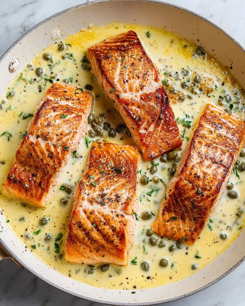Four pieces of golden brown pan-seared salmon are in a white pan, each piece covered slightly with a creamy light yellow sauce that has green capers and small sprigs of herbs. The sauce looks smooth with some black pepper specks sprinkled on top, pooling around the salmon pieces which have a crispy, textured surface. The background shows a white marbled texture around the pan edge. photo taken with an iphone --ar 4:5 --v 7