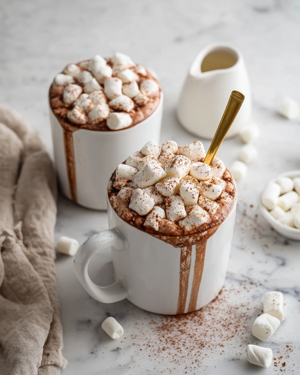 A white ceramic mug filled with light brown hot chocolate topped with many small white marshmallows and sprinkled with fine dark chocolate shavings, positioned near the front on a white marbled surface. Behind it are two more white mugs also filled with hot chocolate and marshmallows, one with a golden spoon inside. To the left, a small white pitcher holding milk or cream, and around the scene are scattered white mini marshmallows with a folded beige cloth near the bottom left. The background is a soft, white marbled texture. photo taken with an iphone --ar 4:5 --v 7