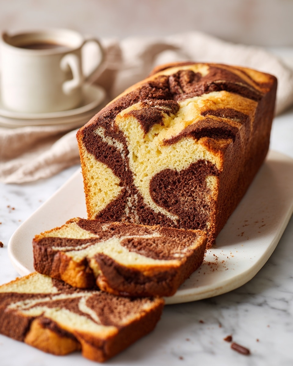 A loaf of marble cake sits on a white rectangular plate placed on a white marbled surface. The cake is sliced into four pieces in front, each slice showing an even swirl of light beige and dark brown layers from top to bottom, blending softly within the layers. The top of the loaf has a textured, golden-brown crust with dark chocolate swirls creating a marbled pattern. There are a few cake crumbs on the plate near the slices, and a blurred cup and white cloth are in the background. Photo taken with an iphone --ar 4:5 --v 7