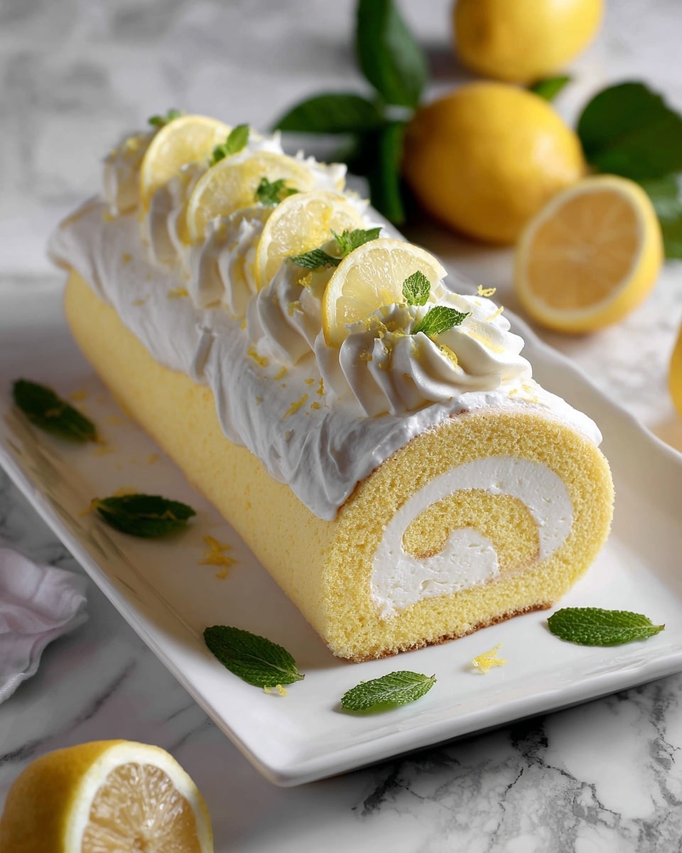 A lemon roll cake is shown with three main layers visible: a soft yellow sponge cake on the outside, a thick creamy white layer in the middle, and a smooth light yellow lemon cream layer inside that. The outside of the cake is covered with white frosting, decorated with swirled white cream and thin round lemon slices on top. Small yellow lemon zest bits and green mint leaves are scattered around the cake on a long white plate. The background is a white marbled texture with whole lemons and green lemon leaves placed behind the cake. Photo taken with an iphone --ar 4:5 --v 7