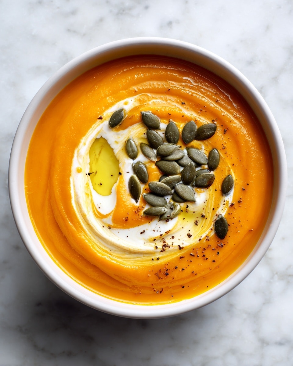 A bowl filled with smooth, thick orange soup forms the base layer, topped with a swirl of white cream and a drizzle of golden olive oil creating a marbled effect in the center. Scattered on top are nine green pumpkin seeds, some whole and some slightly broken, with small specks of black pepper sprinkled over the cream and seeds. The soup is served in a round white bowl placed on a white marbled surface, with soft natural light enhancing the warm colors. Photo taken with an iphone --ar 4:5 --v 7