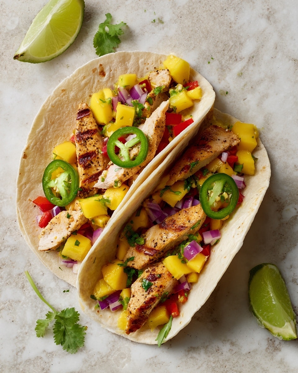 A soft white corn tortilla holds layers starting at the bottom with a colorful mango salsa made of bright yellow mango chunks, small red bell pepper pieces, and bits of purple onion with green cilantro leaves sprinkled throughout. On top of the salsa, there are golden brown, slightly crispy grilled fish pieces, and the taco is garnished with two slices of fresh green jalapeño and a wedge of bright green lime resting on the edge. The close-up shows a white marbled surface underneath. photo taken with an iphone --ar 4:5 --v 7