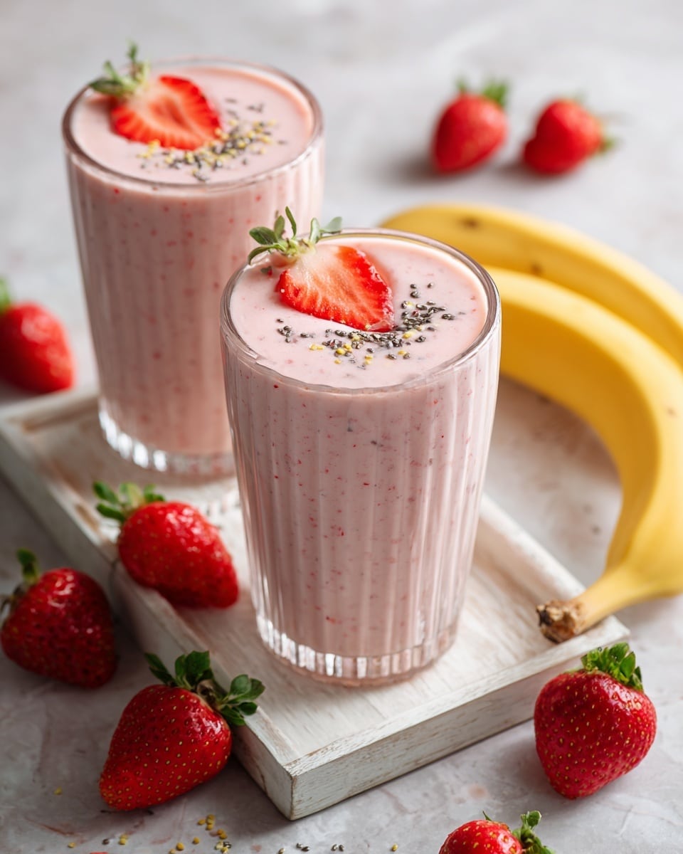 Two tall clear glasses with a smooth pink smoothie inside sit on a white marbled surface. Each glass has a thick base and vertical ridges along the sides. The smoothie fills almost to the top with a creamy texture, decorated with a slice of red strawberry and a slice of light yellow banana, sprinkled with tiny black chia seeds. One glass has a half strawberry clipped to the edge. Around the glasses, there are fresh whole strawberries with green tops and a peeled banana beside them. One glass rests on a small wooden oval tray. Photo taken with an iphone --ar 4:5 --v 7