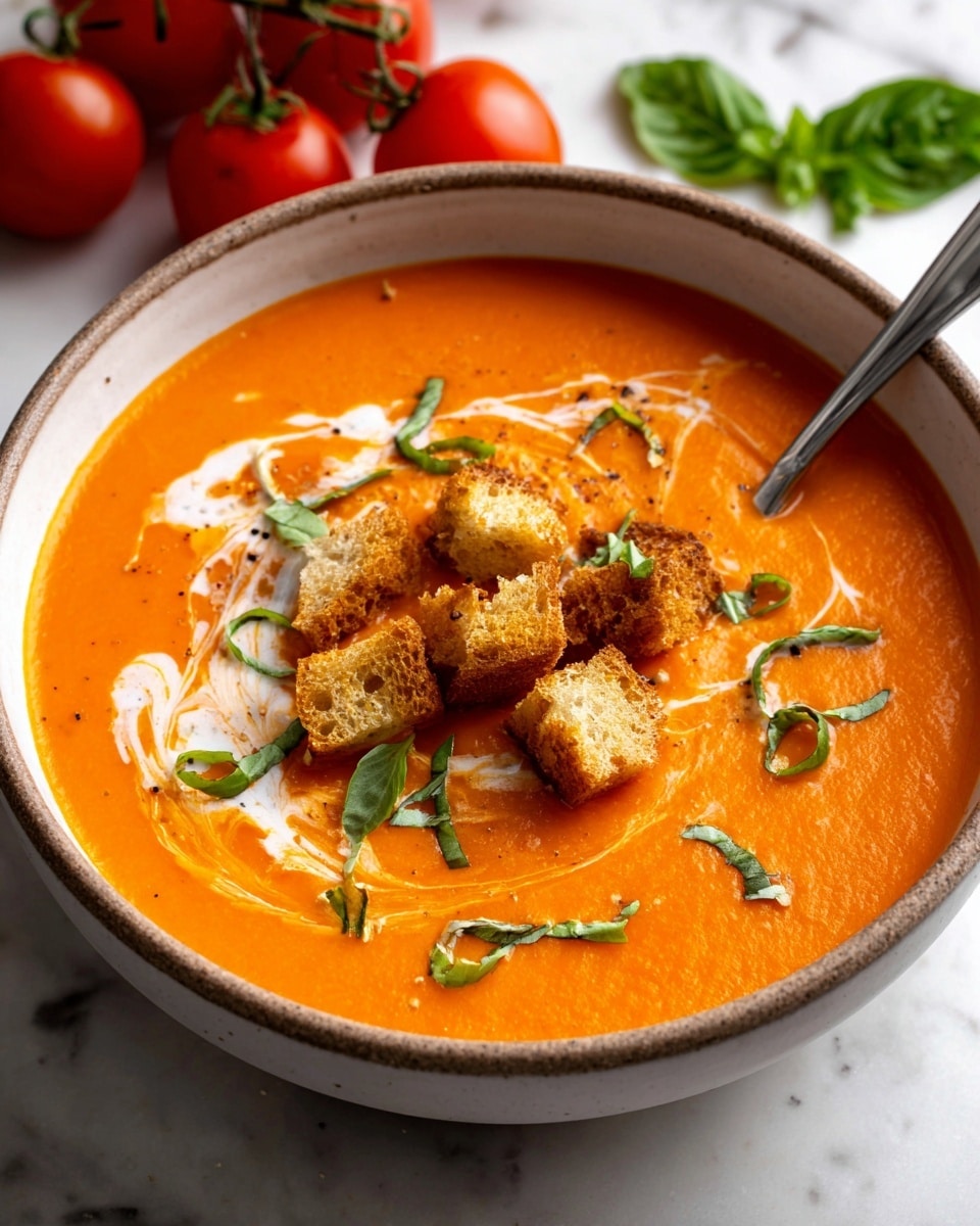 A bowl of thick orange tomato soup fills most of the frame, with a swirl of white cream gently drizzled on the surface. Several golden-brown croutons rest on top, some partially submerged, their crispy texture visible. Thin strips of bright green basil leaves are scattered across the soup, adding a fresh touch. The soup is served in a rustic brown bowl set on a white marbled surface with a few croutons and two red tomatoes with green stems on the side. A silver spoon slightly dips into the soup from the left side. Photo taken with an iphone --ar 4:5 --v 7