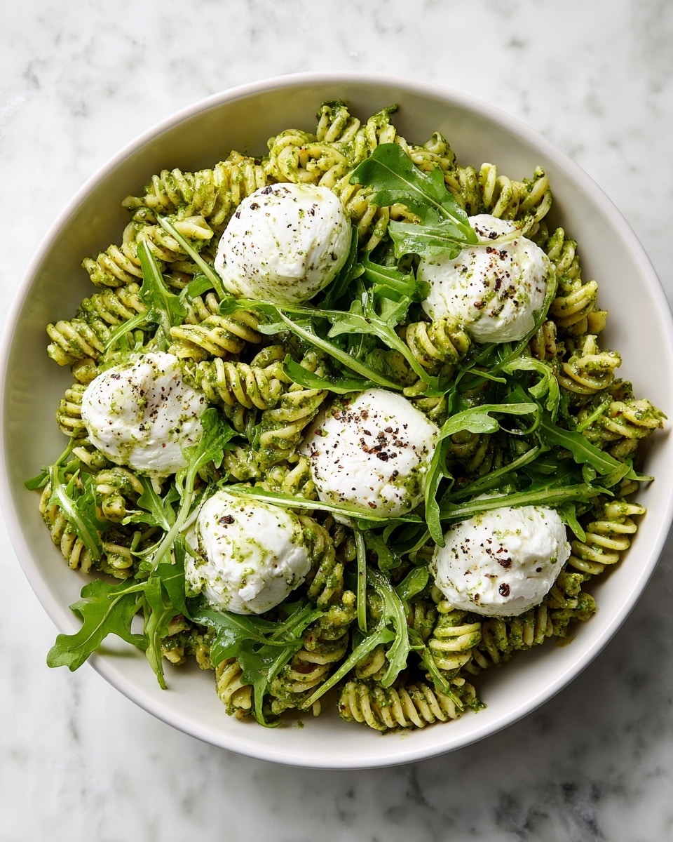 A bowl of spiral pasta with three main layers: the bottom layer is white pasta spirals spread evenly, the middle layer is green pesto sauce mixed throughout the pasta, and the top layer has white soft cheese dollops sprinkled with black pepper and fresh green arugula leaves placed on top. The bowl is white with a slight speckled pattern, and it sits on a white marbled surface. Photo taken with an iphone --ar 4:5 --v 7