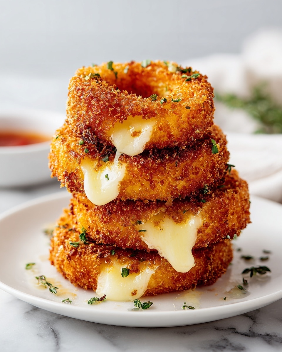 A stack of four thick, golden-brown crispy onion rings sit on a white plate, each coated with a crunchy crumb layer. Melted white cheese drips smoothly from the top two rings, stretching slightly and glistening, with small green herb bits scattered on both the cheese and onion rings. In the background to the left, a small white ramekin holds a light reddish dipping sauce, all set against a white marbled surface. photo taken with an iphone --ar 4:5 --v 7