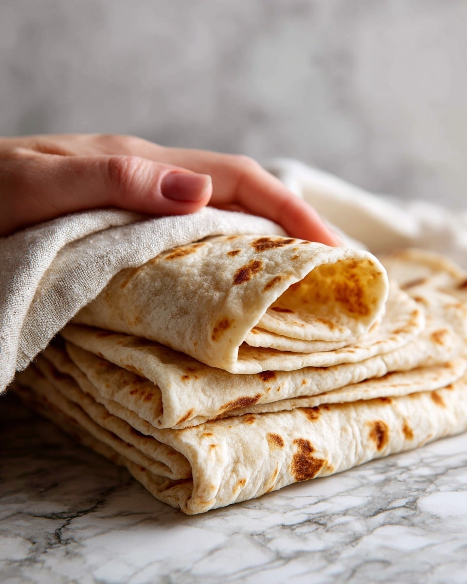 A close-up image shows a stack of soft, light beige tortillas with a slightly uneven round shape and subtle browned spots on their smooth surfaces. The tortillas are layered on each other in a pile with about six visible. A woman's hand is gently lifting the top tortilla, folding it, creating soft curved edges and showing the thin texture. The background is blurred with a white marbled surface under the tortillas, giving a clean and simple look. Photo taken with an iphone --ar 4:5 --v 7