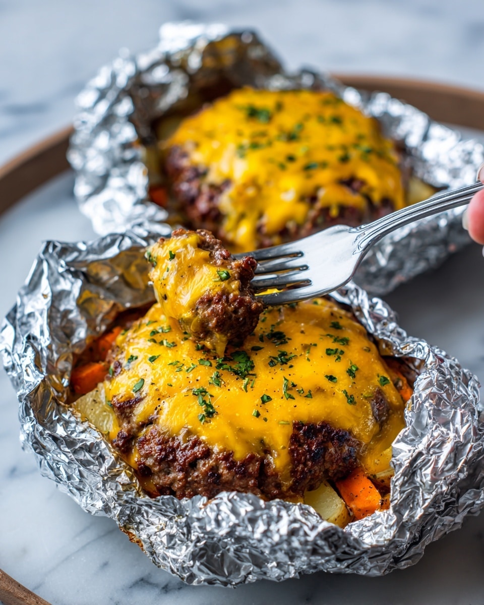 This image shows two servings of a meal wrapped in crinkled silver foil. Each serving has a base layer of small roasted potatoes and sliced grilled carrots, both browned and slightly charred, mixed with pieces of cooked onions. On top of this vegetable layer is a thick, round patty of ground meat covered in melted yellow cheese that is slightly stretchy and has patches of green herb garnish scattered on it. A silver fork holds a bite-sized piece of the meat and cheese in the foreground. The background includes part of a white marbled surface and a blurry checkered cloth. Photo taken with an iphone --ar 4:5 --v 7