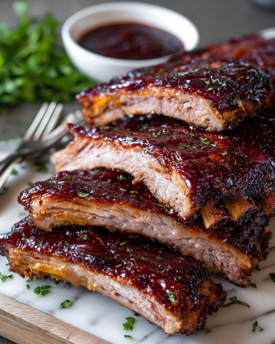 The image shows several layers of cooked pork ribs stacked on a white wooden board. The ribs have a glossy, dark brown crust with caramelized, shiny barbecue sauce covering most of the surface. The meat inside the ribs is light pink and juicy with a slightly fibrous texture, and the bones are visible in some parts. Behind the ribs, there is a small white bowl filled with dark red barbecue sauce. Fresh green herbs are scattered around the ribs and in the blurry background, resting on a white marbled surface. A shiny silver fork is placed next to the bowl. photo taken with an iphone --ar 4:5 --v 7