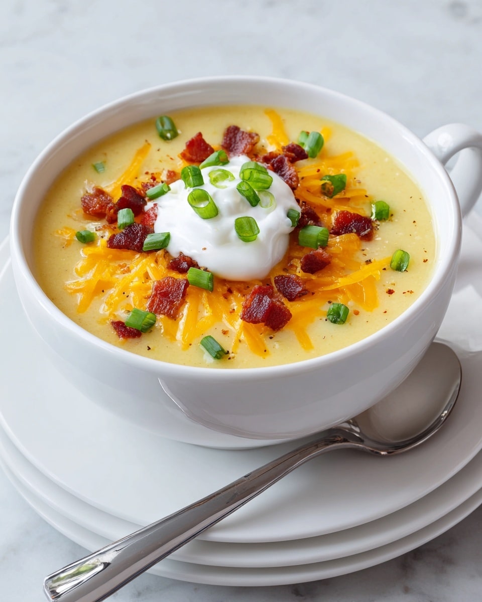 The image shows a white bowl filled with creamy soup, mostly pale yellow with visible chunks of light yellow potato pieces submerged in the soup, topped with a layer of shredded orange cheddar cheese scattered around. On top of the cheese is a dollop of white sour cream in the center with a layer of small dark red bacon bits and bright green chopped green onions sprinkled evenly across the surface. The bowl sits on a white plate with a silver spoon resting on the plate's edge, all placed on a white marbled surface. Photo taken with an iphone --ar 4:5 --v 7