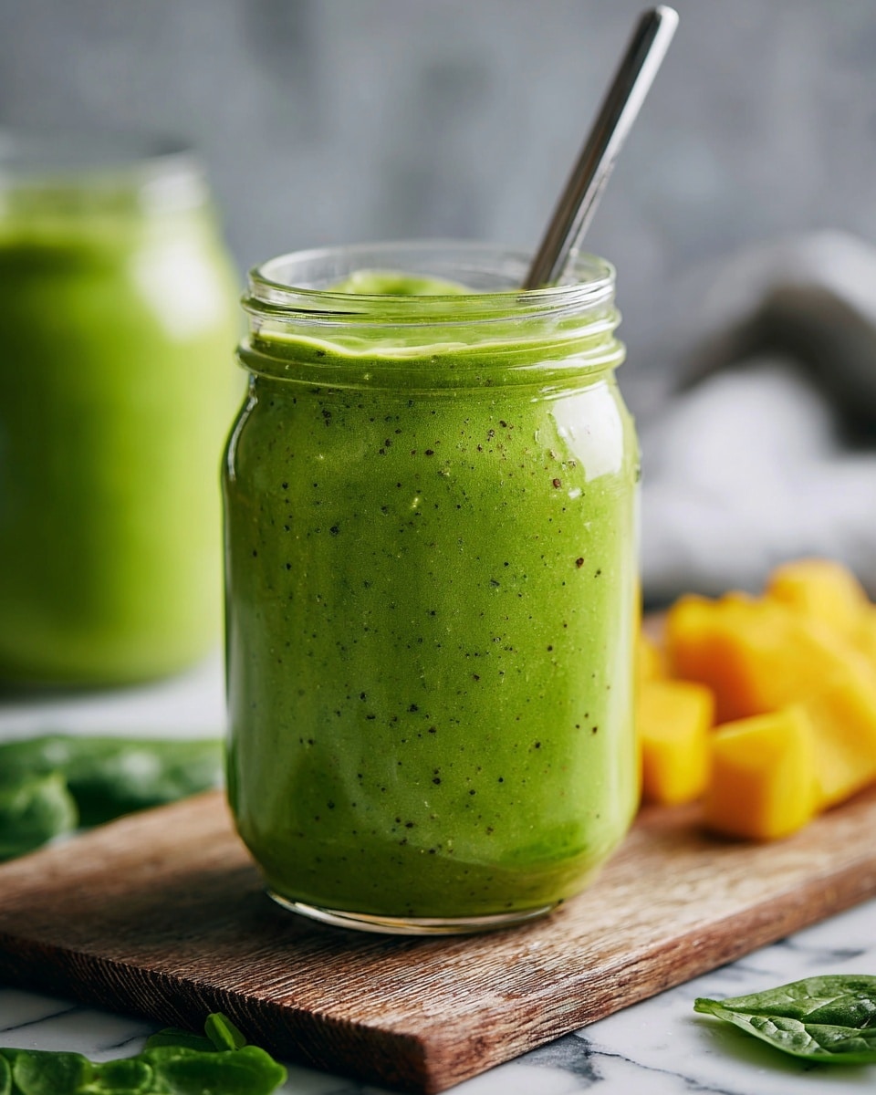 The image shows a clear glass jar filled with a thick, creamy green smoothie that has small dark specks throughout, indicating blended greens or herbs. The smoothie fills the jar to the top, slightly leveling off with a smooth surface. A metal straw is placed inside the jar, angled toward the right. In the background, slightly out of focus, is another glass jar with the same green smoothie. Surrounding the jar in the foreground are fresh spinach leaves, small white crumbles that look like cheese, and a small heap of yellow chunks, all resting on a white marbled surface. photo taken with an iphone --ar 4:5 --v 7