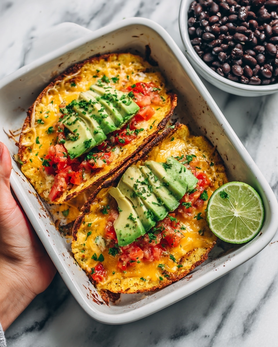 A white baking dish holds three pieces of crispy, golden-brown toasted bread with a crumbly texture, each topped with a layer of melted yellow cheddar cheese mixed with bits of red sauce, and fresh green avocado slices fanned on top, sprinkled with chopped green herbs. To the side, half a lime shows its juicy, light green interior. In the top right corner, a white bowl filled with shiny, dark black beans is partially visible. A woman's hand is gently holding the edge of the baking dish. The background features a white marbled texture. Photo taken with an iphone --ar 4:5 --v 7