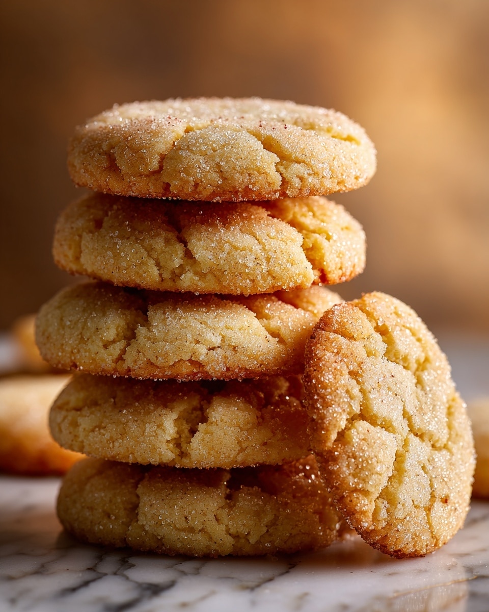 A stack of five thick, round cookies with a cracked surface and a golden-orange color stands on a white marbled texture, with some sugar crystals visible on top. The cookies appear soft and slightly crumbly with a coarse texture. To the left of the stack, one cookie lies flat, partially visible, showing a similar cracked and sugar-coated surface. The background is softly blurred, emphasizing the warm colors and details of the cookies. photo taken with an iphone --ar 4:5 --v 7