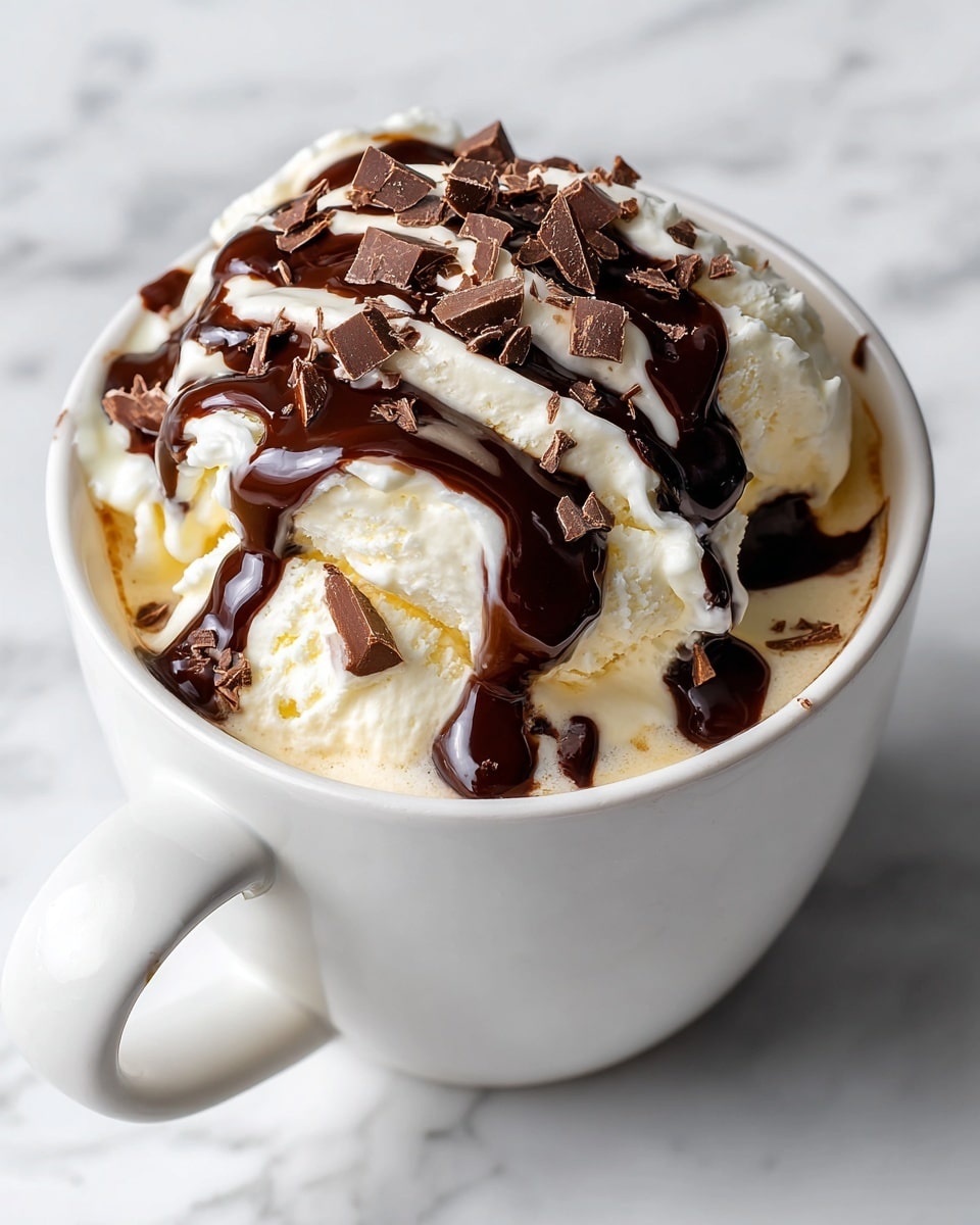 A white mug filled with a scoop of vanilla ice cream on top, covered with thick caramel and dark chocolate syrup drizzles. There are small pieces of dark chocolate mixed into the ice cream, adding dark brown spots with a smooth, creamy texture. The mug sits on a white marbled surface, and the caramel and chocolate sauces slightly drip down the sides of the mug. Photo taken with an iphone --ar 4:5 --v 7