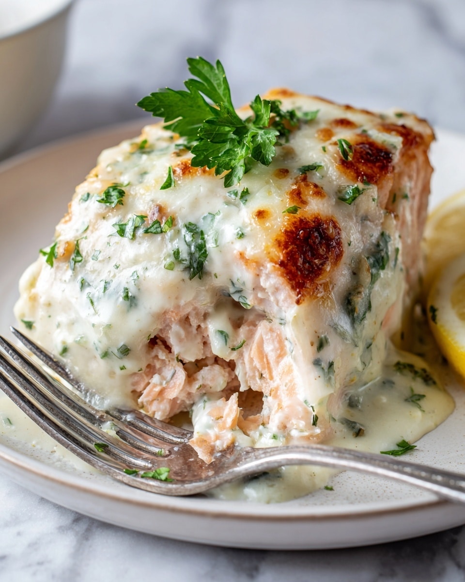 A close-up of a thick slice of creamy, herb-filled chicken casserole on a white plate, with a golden-brown crispy top layered over a rich white sauce mixed with green herbs and chunks of chicken. The casserole's texture looks soft and moist with visible pieces of chicken inside, topped with fresh green parsley leaves for garnish. A silver fork is placed on the left side of the plate, and a lemon wedge sits on the right edge. The background is a white marbled surface. Photo taken with an iphone --ar 4:5 --v 7