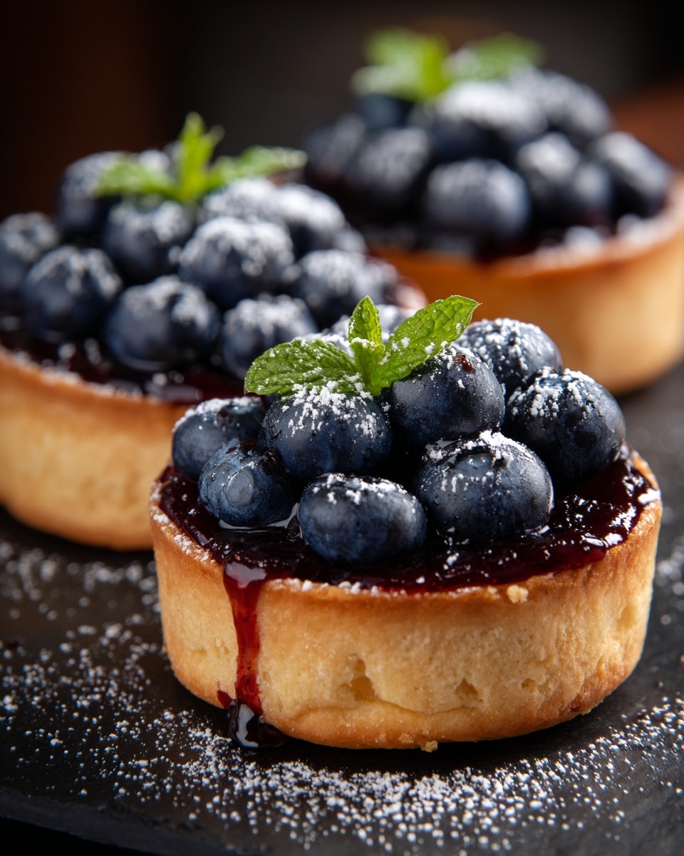 Three blueberry tarts are shown on a black surface with a white marbled texture in the background. Each tart has a thick, golden brown crumbly crust forming the base and sides. On top of the crust is a dark purple, glossy jam layer that looks thick and slightly dripping down one side of the front tart. The top layer is covered with fresh, plump blueberries dusted lightly with powdered sugar. A small green mint leaf decorates the blueberries on each tart. The image is focused on the front tart, with the two in the back softly blurred. photo taken with an iphone --ar 4:5 --v 7