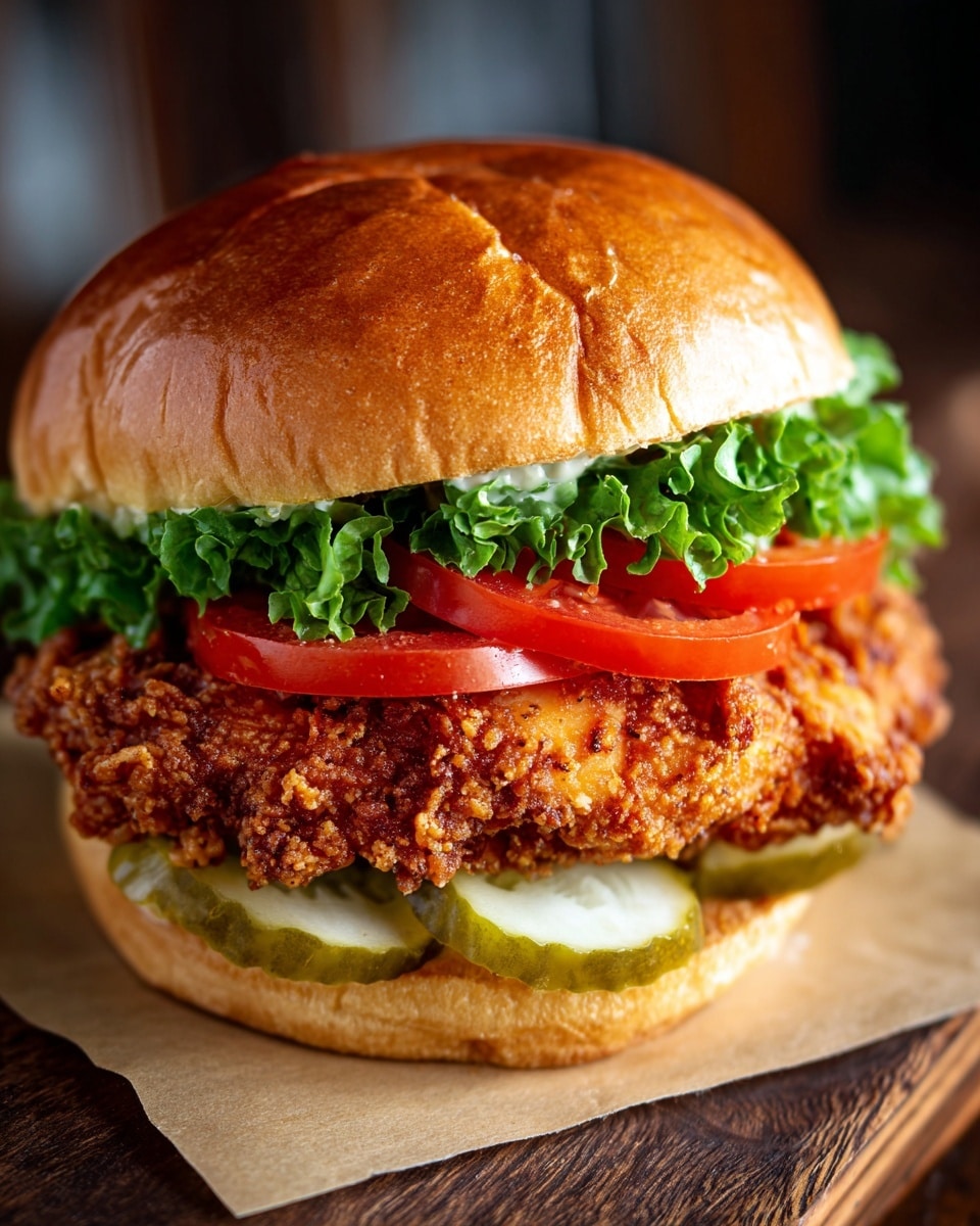 A close-up image of a sandwich with four clear layers inside a shiny golden-brown bun on top and a soft lighter brown bun on the bottom; the bottom layer is a crispy fried chicken patty with a crunchy texture, above it is a layer of melted white cheese partially covering the chicken, then green pickles and two slices of juicy red tomato, followed by leafy green lettuce on the top; the sandwich sits on parchment paper on a wooden surface with a blurred background. Photo taken with an iphone --ar 4:5 --v 7