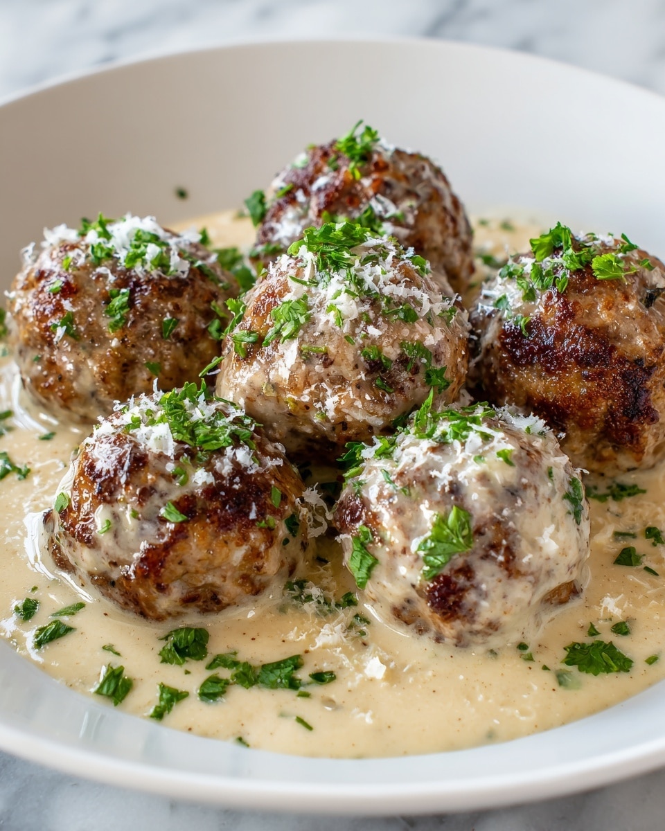 The image shows seven browned meatballs with a golden crust on top, each covered in a creamy white sauce with a smooth texture. The meatballs are arranged in a close cluster on a white plate, with the sauce spreading underneath and around them. Each meatball is sprinkled with small green parsley pieces, giving a fresh touch. Also, some white flakes are scattered on top of the meatballs, adding subtle texture. The dish sits on a white marbled surface that brightens the overall look. photo taken with an iphone --ar 4:5 --v 7