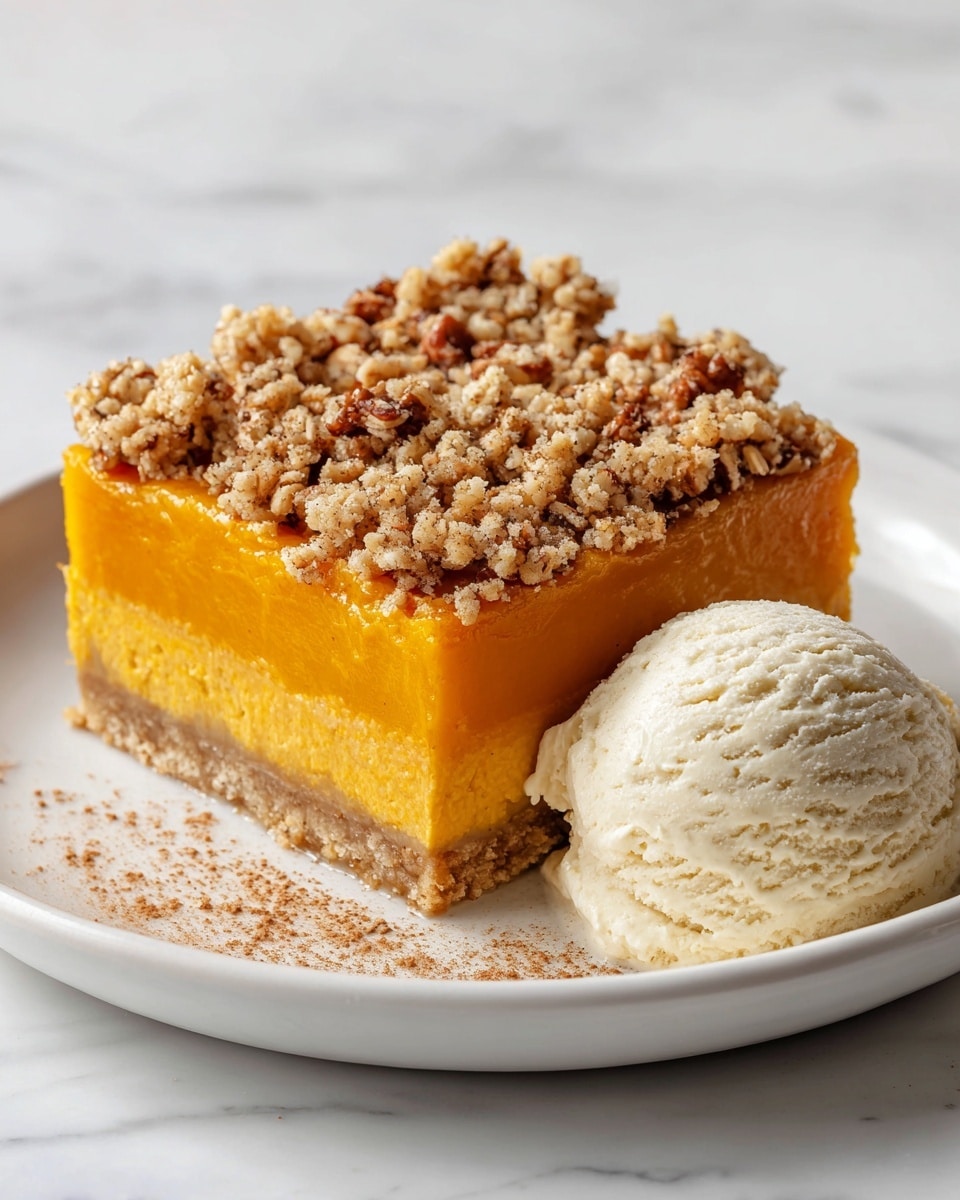 A slice of three-layer dessert on a white plate sits on a white marbled surface. The bottom layer is a light brown crumbly crust, firm and compact. Above it is a thick, smooth pumpkin-orange layer that looks soft and dense. The top layer is a crumbly mixture with a rough texture made of oats and pecan nuts, covered lightly with brown cinnamon powder. Next to the slice is a round scoop of creamy off-white vanilla ice cream with a soft texture. The lighting highlights the warm colors and textures clearly. photo taken with an iphone --ar 4:5 --v 7