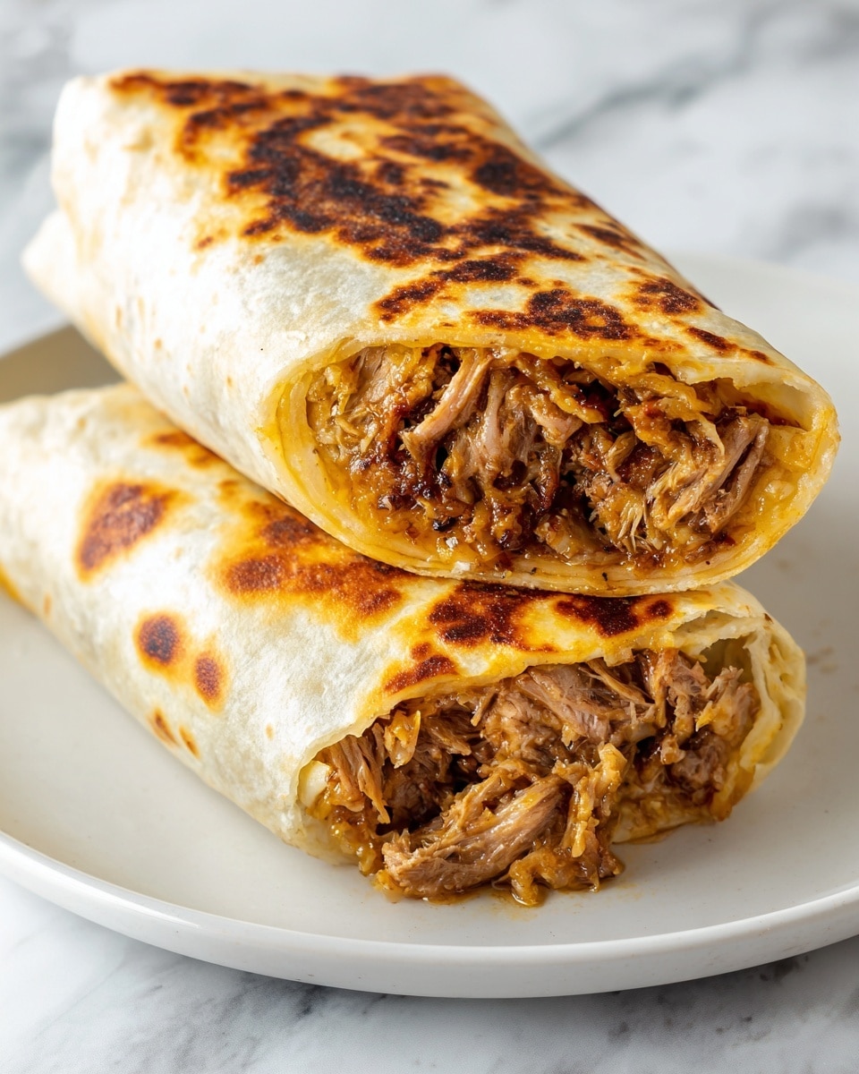 Two toasted burritos with a light brown, slightly crispy toasted flour tortilla layer are placed on a white plate. One burrito is whole and resting flat, while the other burrito is cut open and placed leaning on the whole one, revealing a layer of brown and orange textured filling made of beans and shredded meat inside. The plate sits on a white marbled surface with soft natural light coming from the left side, casting light shadows. photo taken with an iphone --ar 4:5 --v 7
