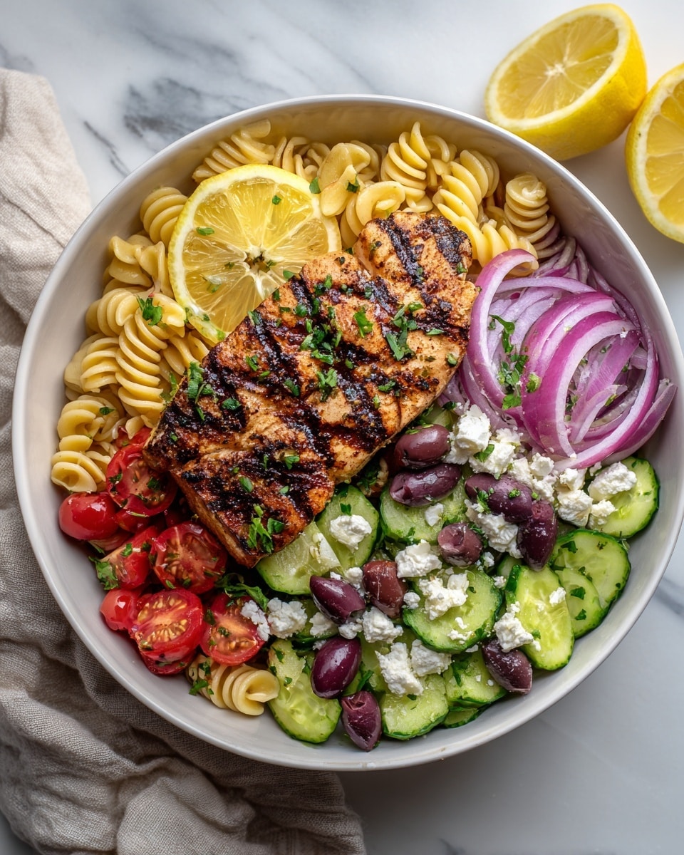 A white bowl filled with a layered dish starting with a base of light yellow spiral pasta. On top, there are scattered chunks of white feta cheese, dark purple olives, green cucumber slices, halved bright red cherry tomatoes, and thin rings of purple onion. In the center lies a thick piece of grilled white fish with dark grill marks arranged in a crisscross pattern, garnished with fresh green herbs. Two halves of a bright yellow lemon are placed at the back, adding a fresh pop of color. The dish sits on a white marbled surface. photo taken with an iphone --ar 4:5 --v 7