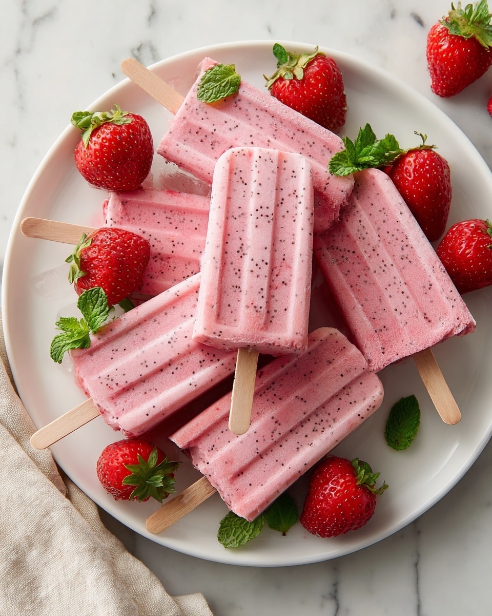 A white plate holds six pink strawberry popsicles with black seeds scattered throughout, each with a wooden stick at one end. The popsicles have ridged textures and look slightly frosty. Around the popsicles are fresh whole strawberries with green leaves, and small green mint leaves are placed on and around the popsicles for decoration. The plate rests on a light-colored fabric and white marbled surface. photo taken with an iphone --ar 4:5 --v 7