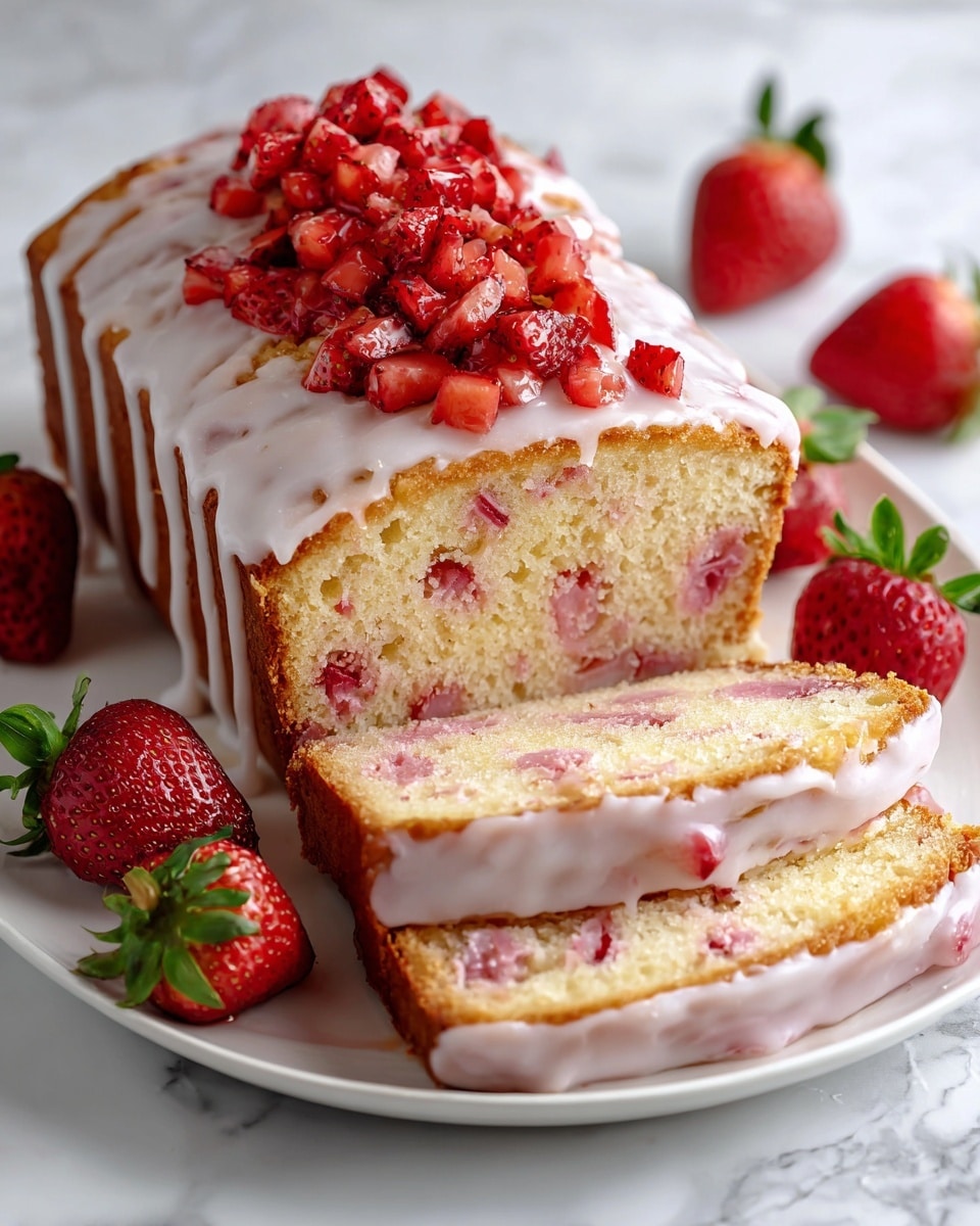 A white loaf cake with two visible slices cut and placed in front rests on a white plate over a white marbled texture. The cake is soft yellow inside with swirls of pink strawberry pieces throughout the bread. The top layer is covered with white glaze drizzled in thin stripes along the length, topped with small, bright red diced strawberries scattered on top. Two whole fresh strawberries with green leaves sit beside the loaf on the plate. The white glaze drips slightly onto the two slices below, with some strawberry chunks scattered around them. Photo taken with an iphone --ar 4:5 --v 7
