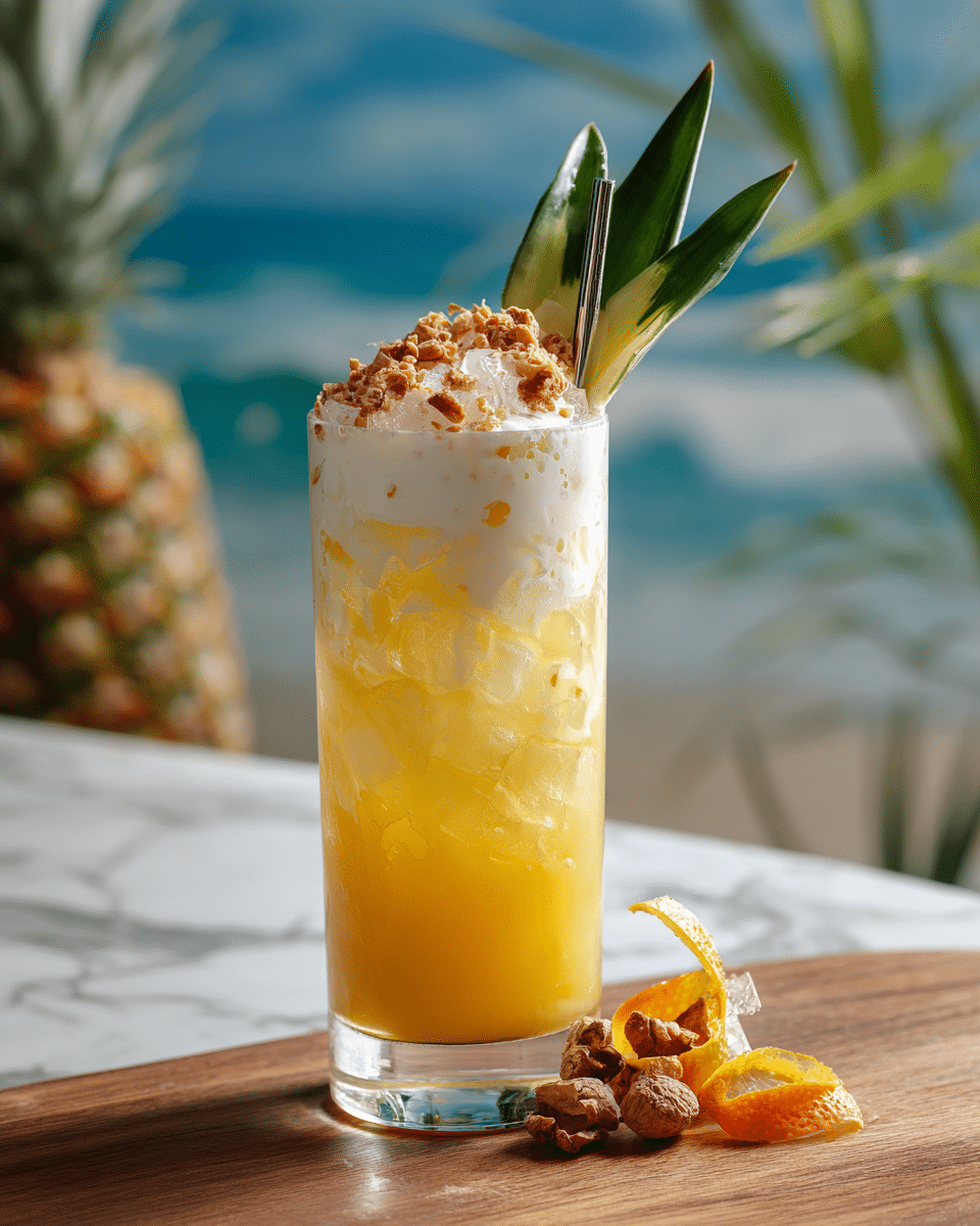 A tall clear glass filled with a two-layered drink, the bottom layer is bright yellow-orange with small ice cubes, and the top layer is creamy white, topped with larger ice cubes. The rim of the glass is coated with crushed brown nuts or sugar. On the right side, a pineapple wedge with green skin and a green leaf is placed as a garnish, along with an orange peel twisted around a metal stir stick. The glass is set on a wooden surface with a white marbled texture background, with a blurry tropical scene in the distance. photo taken with an iphone --ar 4:5 --v 7